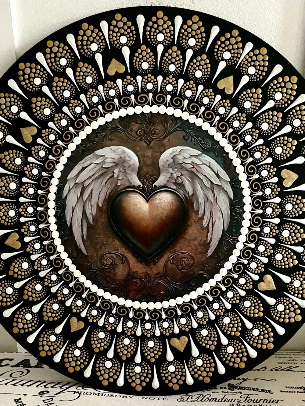 Hand painted Decorative Winged Heart Wall Art in Gold, White & Black 16 inch